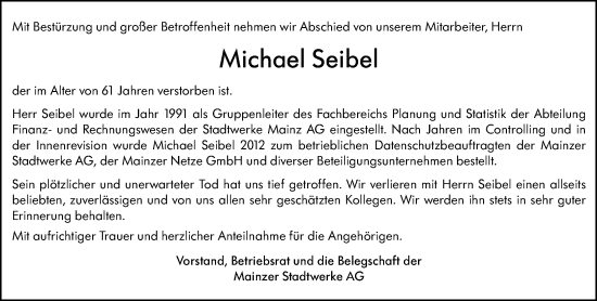 Traueranzeige von Michael Seibel von Allgemeine Zeitung Mainz