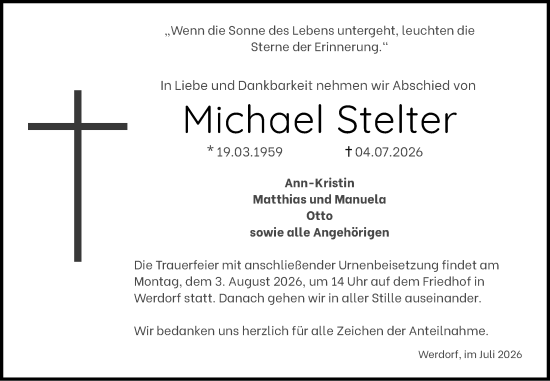 Traueranzeige von Michael Stelter von Wetzlarer Neue Zeitung
