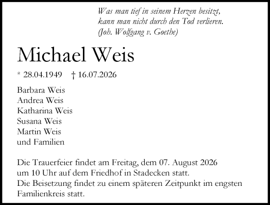 Traueranzeige von Michael Weis von Allgemeine Zeitung Mainz
