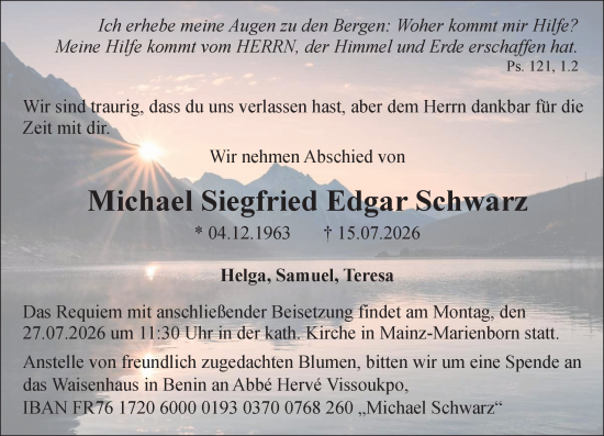 Traueranzeige von Michael Siegfried Edgar Schwarz von Allgemeine Zeitung Mainz