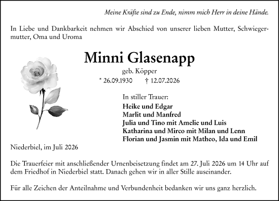 Traueranzeige von Minni Glasenapp von Wetzlarer Neue Zeitung