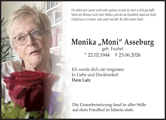 Traueranzeige von Monika Asseburg von Idsteiner Land/Untertaunus