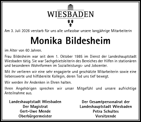 Traueranzeige von Monika Bildesheim von Wiesbadener Kurier