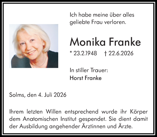 Traueranzeige von Monika Franke von Wetzlarer Neue Zeitung