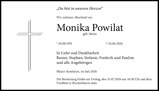 Traueranzeige von Monika Powilat von Allgemeine Zeitung Mainz