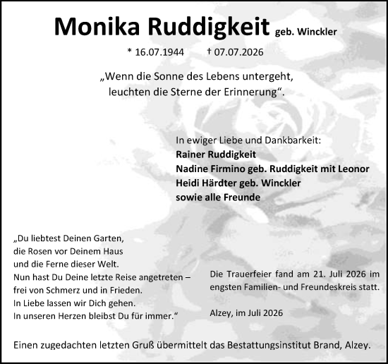 Traueranzeige von Monika Ruddigkeit von Allgemeine Zeitung Alzey