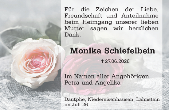 Traueranzeige von Monika Schiefelbein von Hinterländer Anzeiger