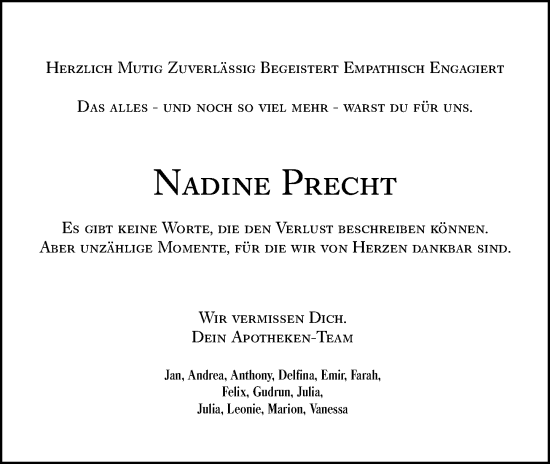 Traueranzeige von Nadine Precht von Allgemeine Zeitung Mainz