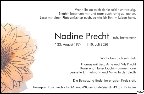 Traueranzeige von Nadine Precht von Allgemeine Zeitung Mainz