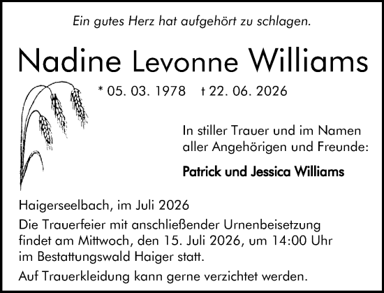 Traueranzeige von Nadine Levonne Williams von Dill Block