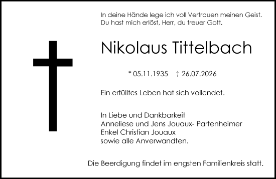 Traueranzeige von Nikolaus Tittelbach von Allgemeine Zeitung Mainz