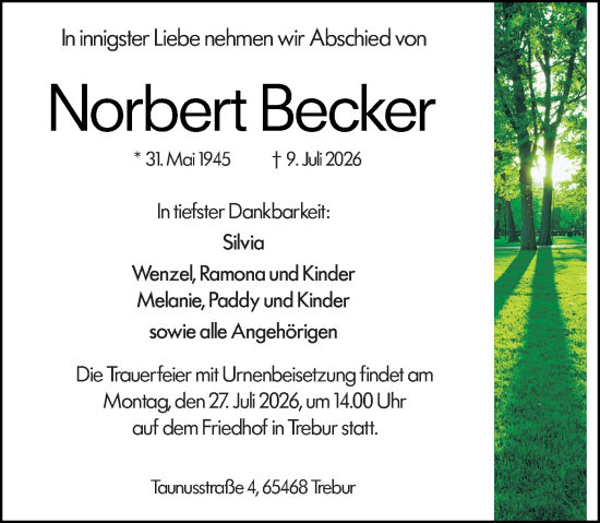 Traueranzeige von Norbert Becker von Rüsselsheimer Echo