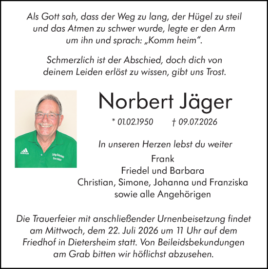 Traueranzeige von Norbert Jäger von Binger-/Ingelheimer Wochenblatt