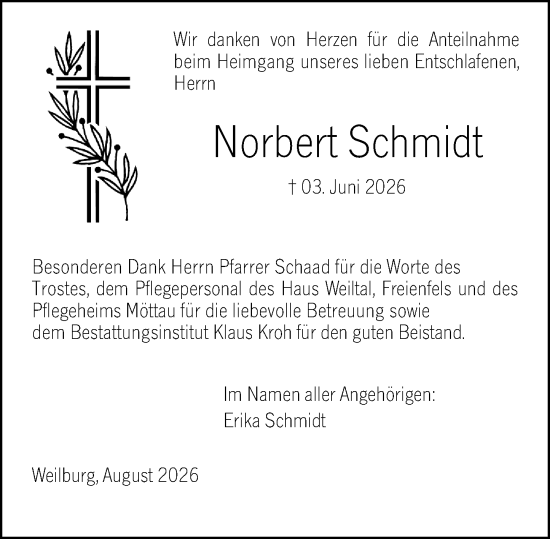 Traueranzeige von Norbert Schmidt von Weilburger Tageblatt