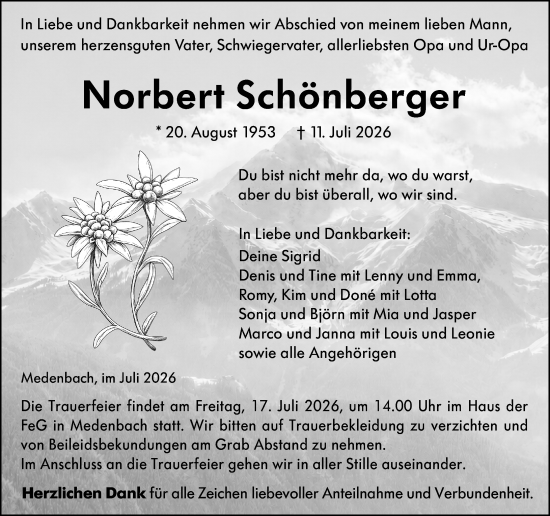 Traueranzeige von Norbert Schönberger von Dill Block