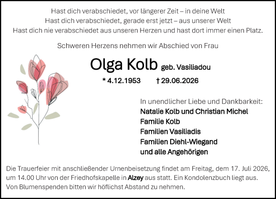 Traueranzeige von Olga Kolb von Allgemeine Zeitung Alzey