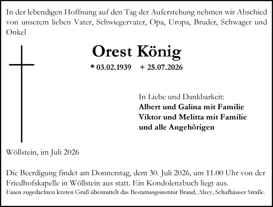 Traueranzeige von Orest König von Allgemeine Zeitung Rheinhessen-Nahe