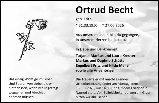 Traueranzeige von Ortrud Becht von Wiesbadener Kurier