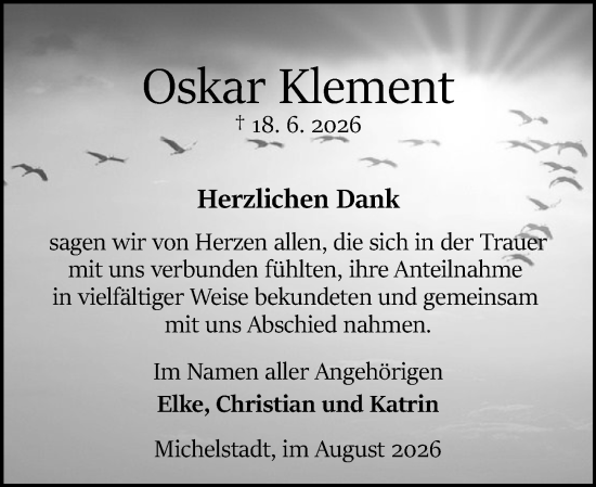 Traueranzeige von Oskar Klement von Odenwälder Echo