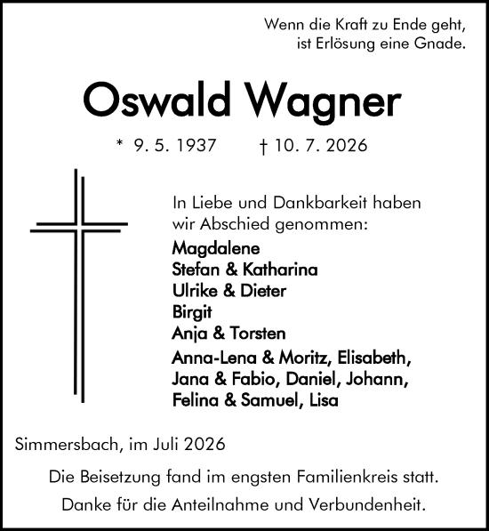 Traueranzeige von Oswald Wagner von Dill Block