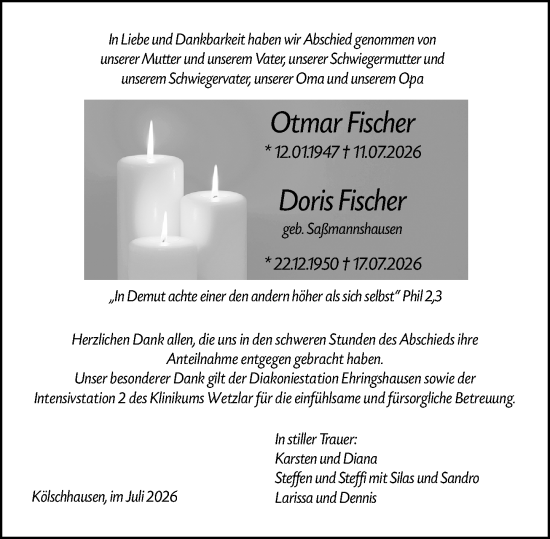 Traueranzeige von Otmar Fischer von Wetzlarer Neue Zeitung