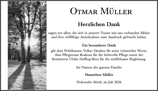 Traueranzeige von Otmar Müller von Wetzlarer Neue Zeitung