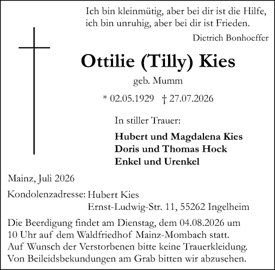 Traueranzeige von Ottilie Kies von Allgemeine Zeitung Mainz