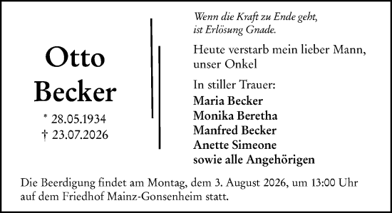 Traueranzeige von Otto Becker von Allgemeine Zeitung Mainz