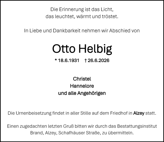 Traueranzeige von Otto Helbig von Allgemeine Zeitung Alzey