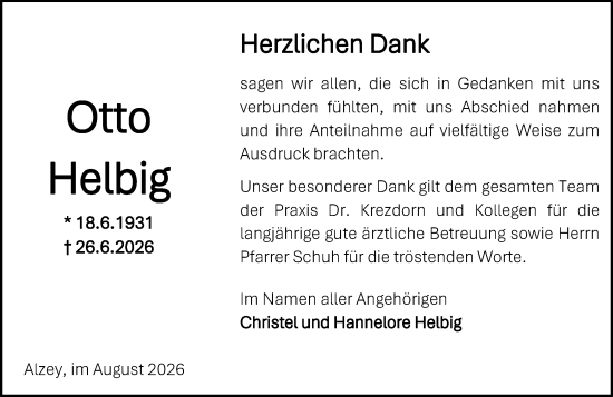 Traueranzeige von Otto Helbig von Allgemeine Zeitung Alzey