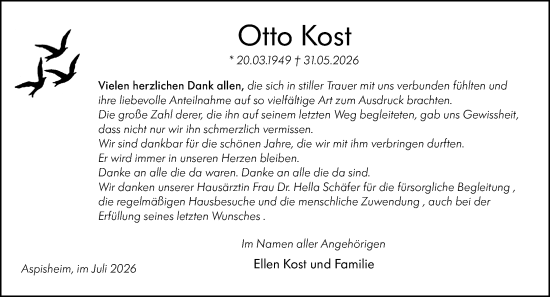 Traueranzeige von Otto Kost von Binger-/Ingelheimer Wochenblatt