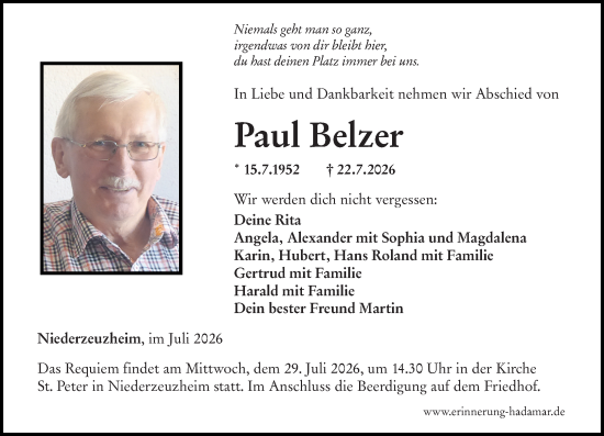 Traueranzeige von Paul Belzer von Nassauische Neue Presse