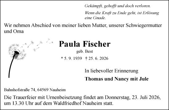 Traueranzeige von Paula Fischer von Groß-Gerauer Echo
