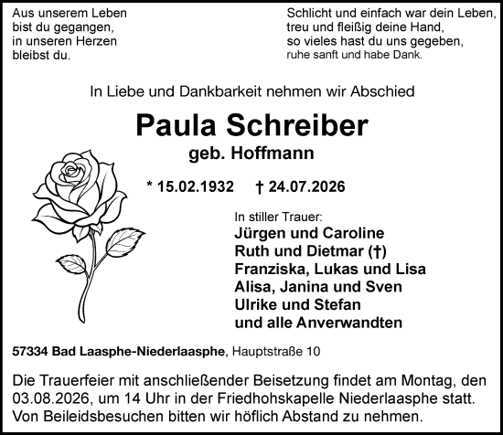 Traueranzeige von Paula Schreiber von Hinterländer Anzeiger