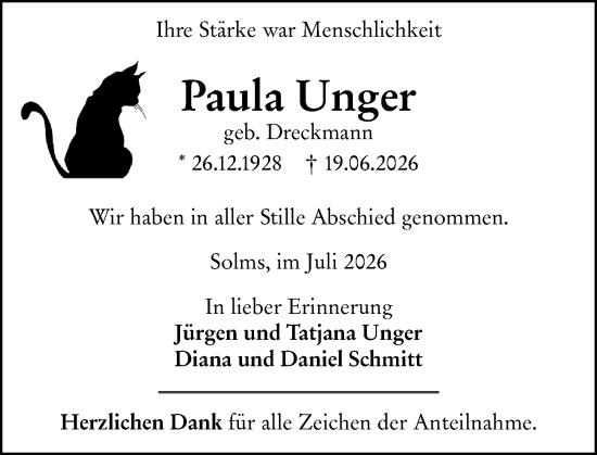Traueranzeige von Paula Unger von Wetzlarer Neue Zeitung