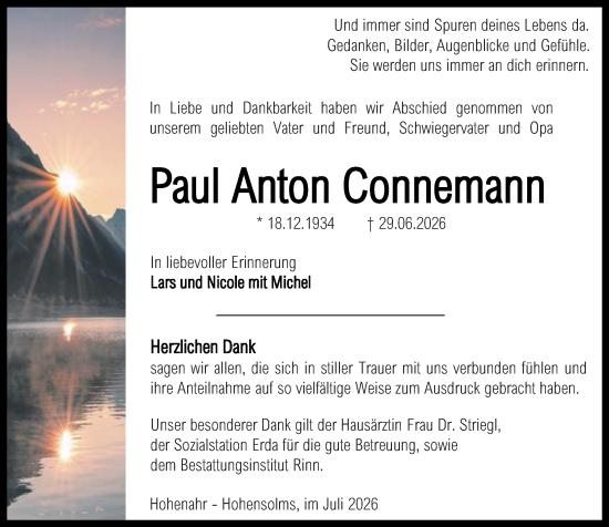 Traueranzeige von Paul Anton Connemann von Wetzlarer Neue Zeitung