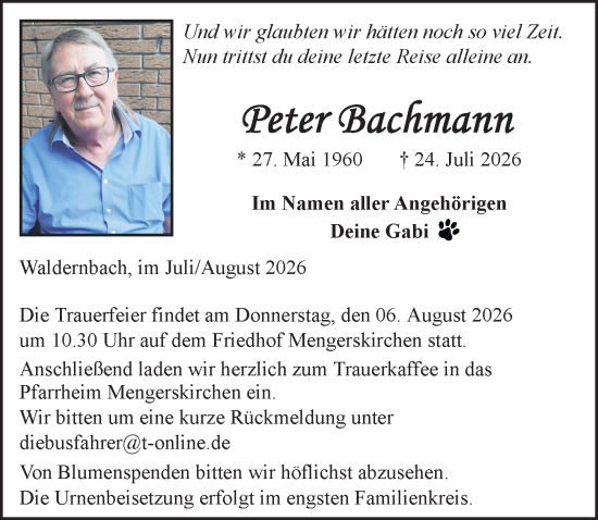 Traueranzeige von Peter Bachmann von Weilburger Tageblatt