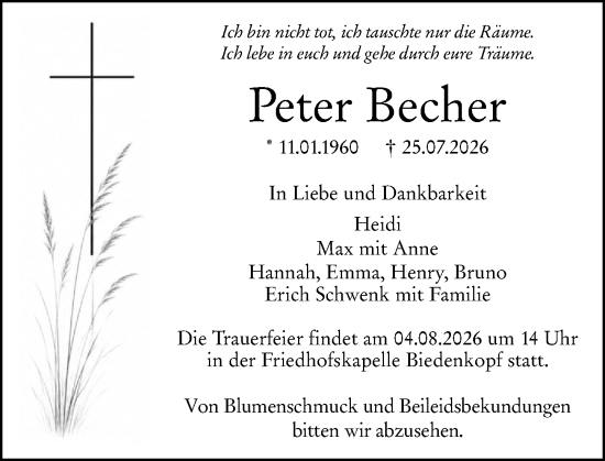 Traueranzeige von Peter Becher von Hinterländer Anzeiger