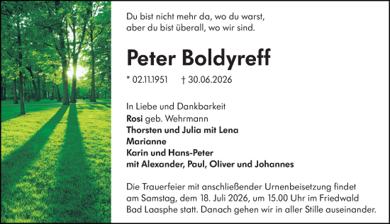 Traueranzeige von Peter Boldyreff von Hinterländer Anzeiger