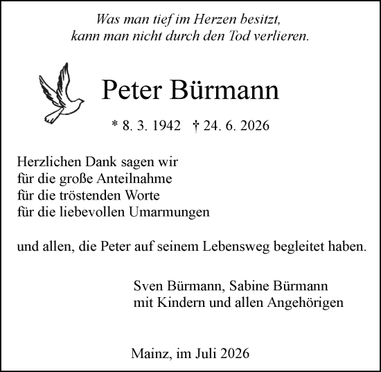 Traueranzeige von Peter Bürmann von Allgemeine Zeitung Mainz