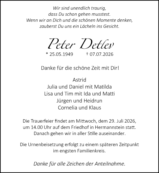 Traueranzeige von Peter Detlev von Wetzlarer Neue Zeitung