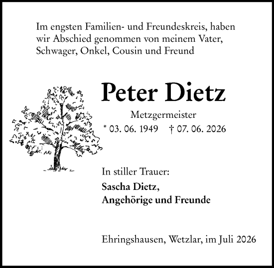 Traueranzeige von Peter Dietz von Wetzlarer Neue Zeitung