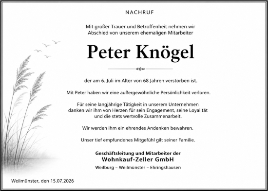 Traueranzeige von Peter Knögel von Weilburger Tageblatt