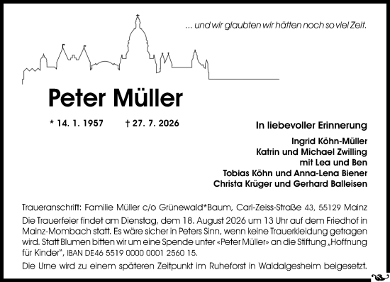 Traueranzeige von Peter Müller von Allgemeine Zeitung Mainz