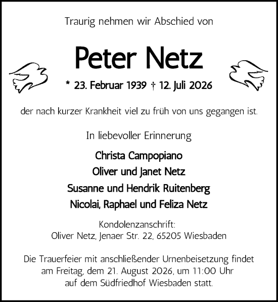Traueranzeige von Peter Netz von Wiesbadener Kurier