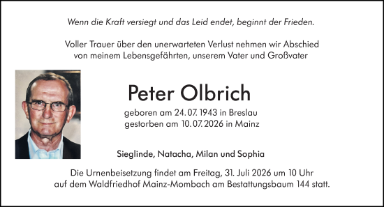 Traueranzeige von Peter Olbrich von Allgemeine Zeitung Mainz