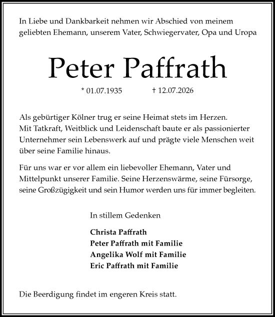 Traueranzeige von Peter Paffrath von Wiesbadener Kurier