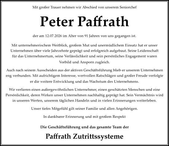 Traueranzeige von Peter Paffrath von Wiesbadener Kurier