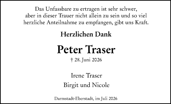 Traueranzeige von Peter Traser von Darmstädter Echo