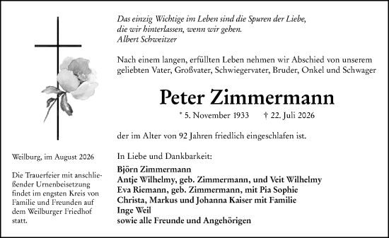 Traueranzeige von Peter Zimmermann von Weilburger Tageblatt